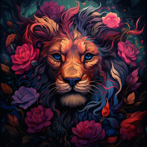 Colorful lion and roses illustration