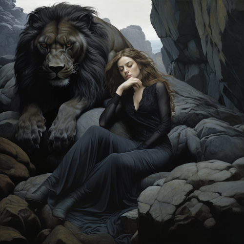 Half Lion Half Woman Lounging on Rocks