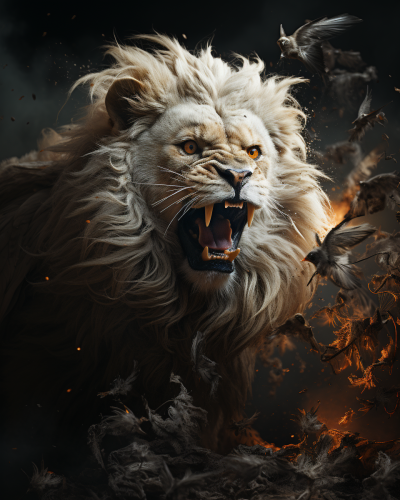 A realistic lion fighting against a white-feathered swallow