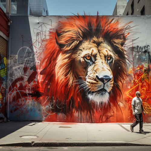 Vibrant Lion Graffiti on City Wall
