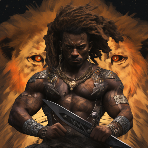 Lionman with knives on dark background