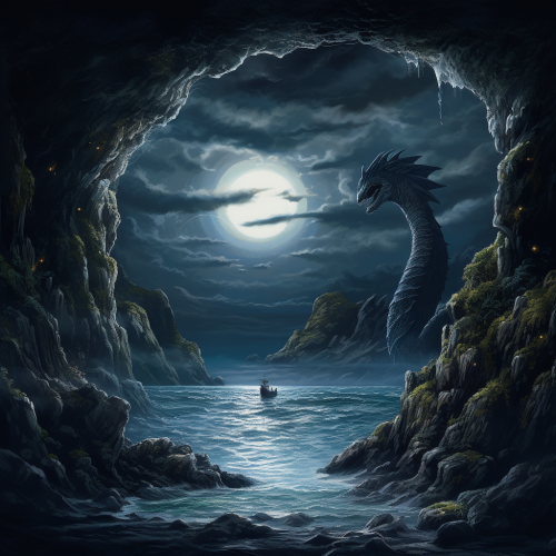 Loch Ness Monster emerging from cave