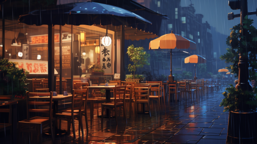 Cozy cafe scene with rainy window view