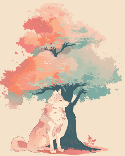 Fenrir sitting in front of tree