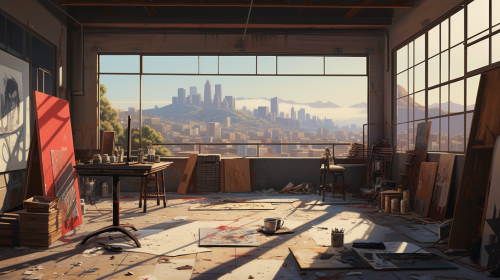 Rock star in loft studio surrounded by paintings