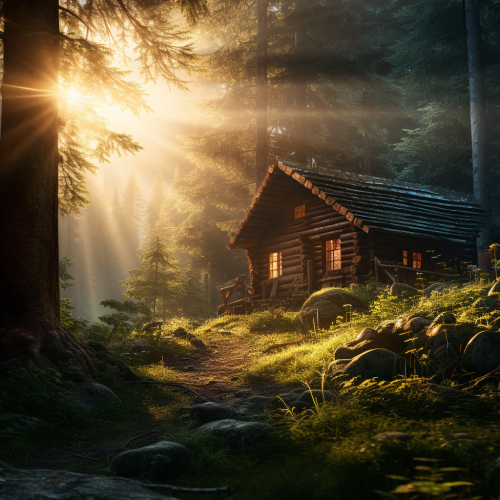 Log cabin in forest with bright light Log cabin in forest with bright light