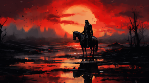 Lonely knight at tombstone in red rain Lonely knight at tombstone in red rain