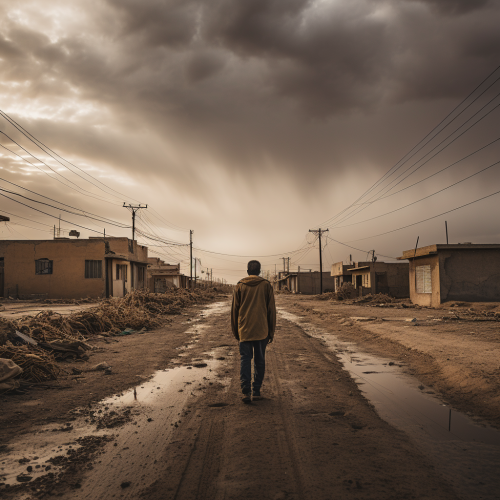 Lonely man walking in poor neighborhood of Iraq