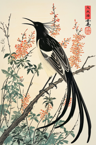 Beautiful Long Tailed Widowbird in Japanese Woodblock Art Beautiful Long Tailed Widowbird in Japanese Woodblock Art