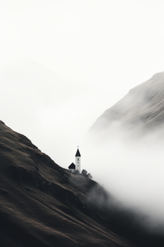Minimalist poster of a lost chapel in the mountains
