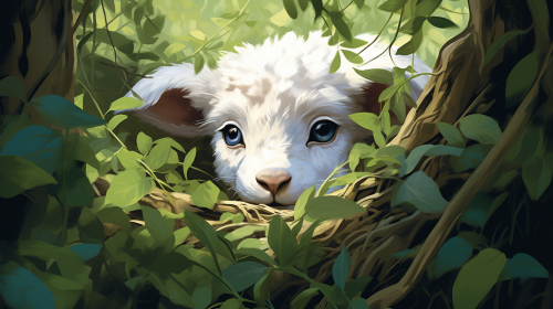 Sad lamb hiding under bush