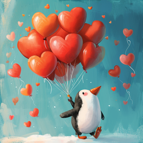 Lovable animal holding heart Valentine's Day festive balloons