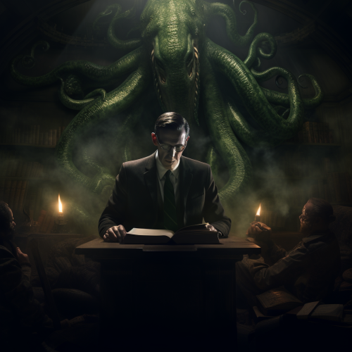 H.P. Lovecraft reading Necronomicon with Cthulhu in the background