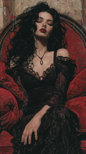 Beautiful vampire relaxing against Wall Street backdrop