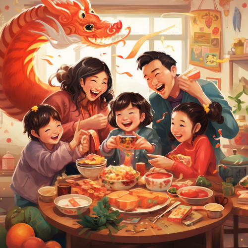 Illustration of a colorful Lunar New Year family reunion