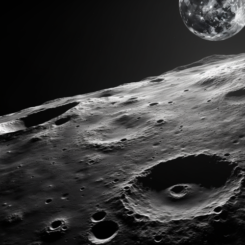 Black and white cinematic shot of lunar surface with rocks' shadows