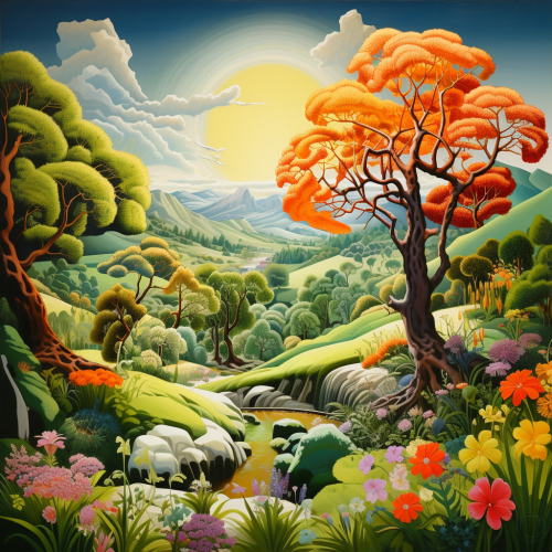 Beautiful garden landscape with vibrant tree on hills