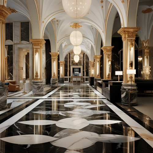 Marble hotel counter with  AP Collection  logo