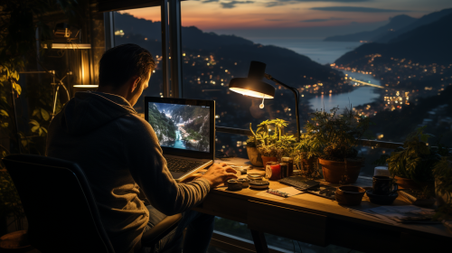 Person writing with laptop at luxury penthouse