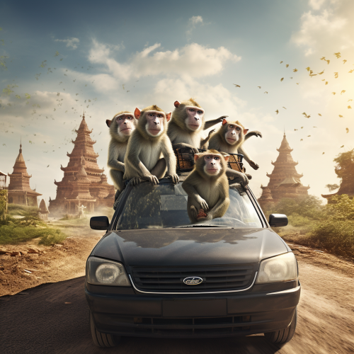 Playful macaque pulling car roof rubber Playful macaque pulling car roof rubber