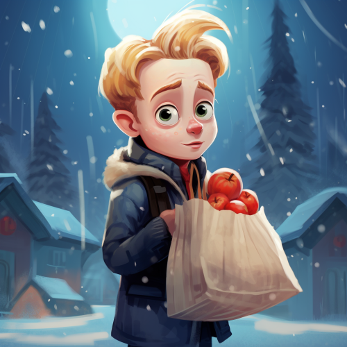 Macaulay Culkin carrying grocery bags in snow