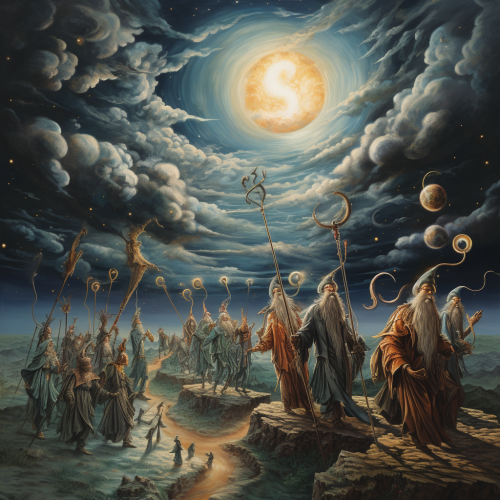 Group of magical creatures and wizards marching