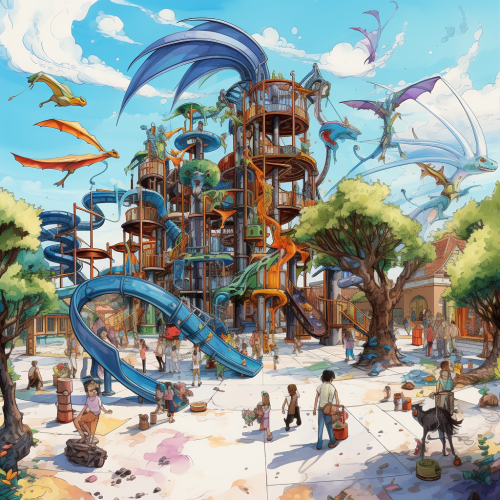 Cartoon magical playground with floating objects