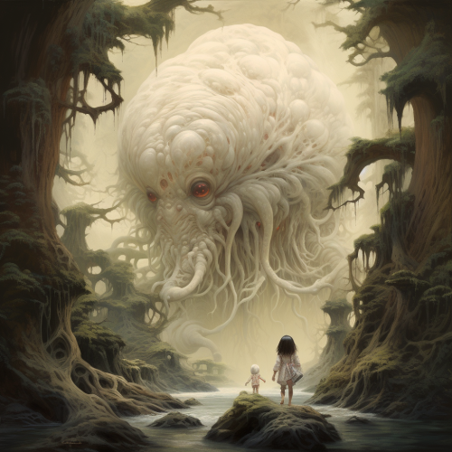 Giant in Magical Forest with Little Girl