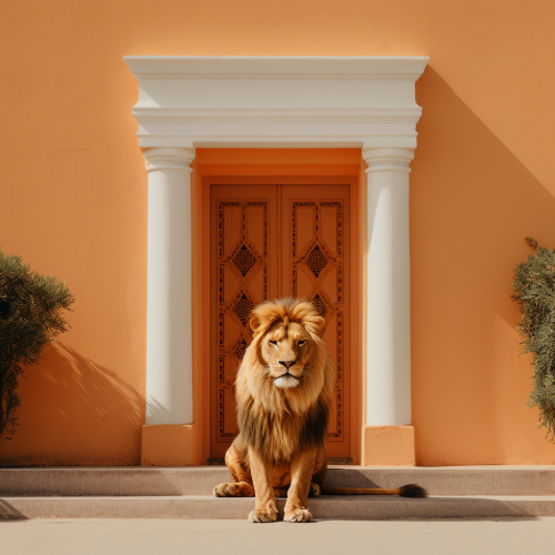 Majestic orange lion in front of home