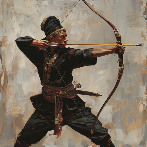 Malay warrior in black archery pose