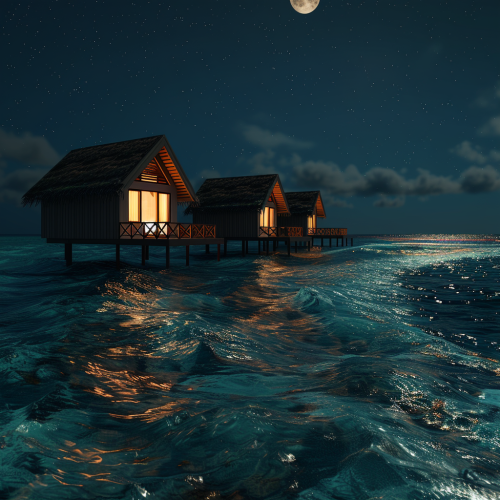 Maldives huts night sea moonlight