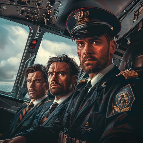 Male pilot and passengers on plane