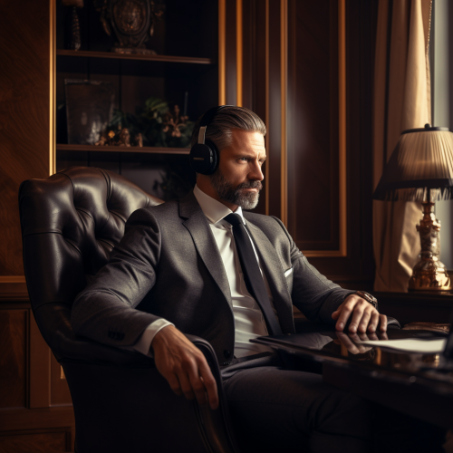 Serious male executive listening to a podcast