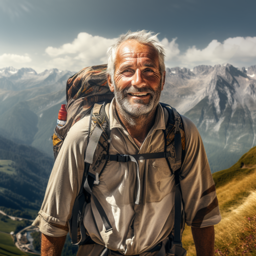 Man hiking in mountains, 50 years old