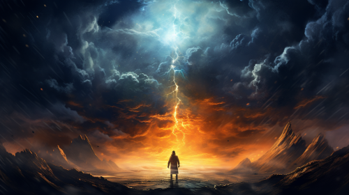 Serene yet powerful man amidst storm cloud Serene yet powerful man amidst storm cloud