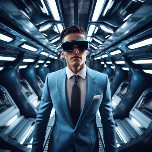 Man in Blue Suit with VR Goggles in Fancy Elevator