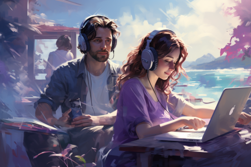 Man drawing on tablet, woman wearing headphones, guy lying on sofa Man drawing on tablet, woman wearing headphones, guy lying on sofa
