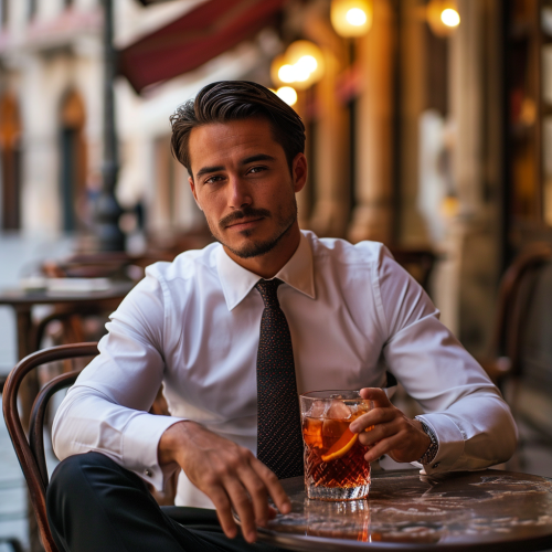 Stylish man sipping Negroni tea in Italian café Stylish man sipping Negroni tea in Italian café