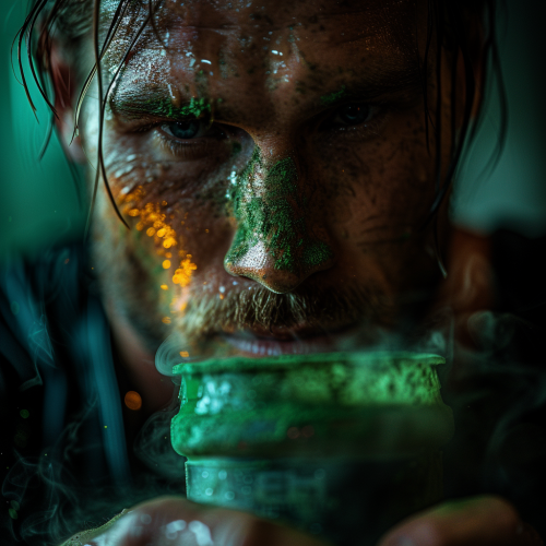Man drinking green glowing powder from protein shaker
