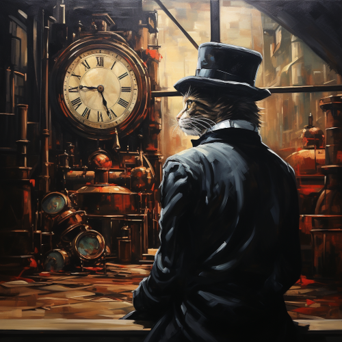 Man in factory with cat wearing top hat