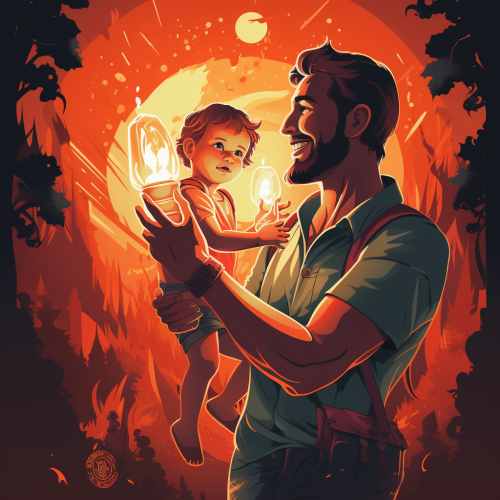 Man holding child with flame torch against bacteria