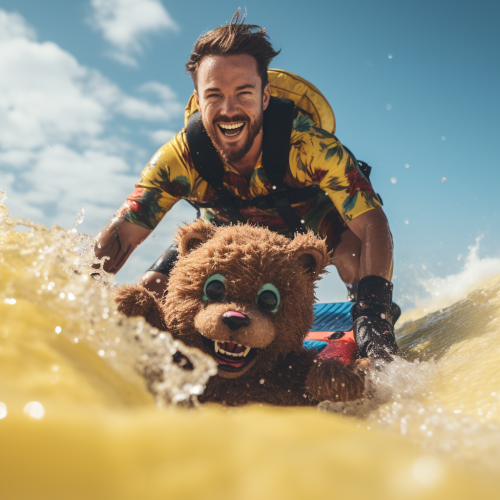 Man holding Freddy Fazbear plush while surfing