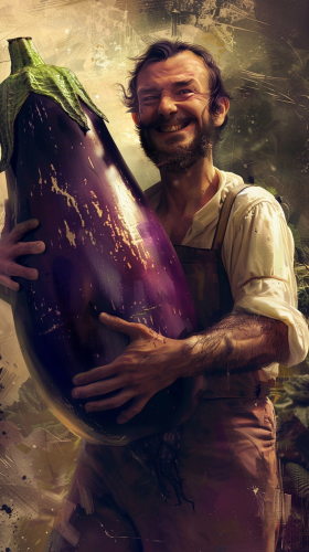 man holding big eggplant smile