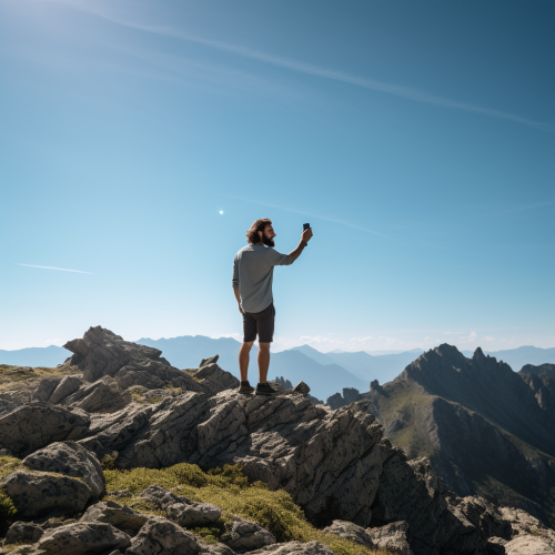 Man holding phone in mountain