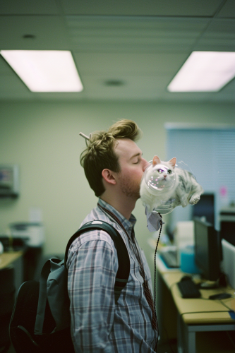 Amateur man wearing cat bubble head