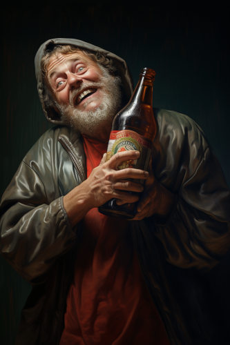 Man embracing beer bottle with joy