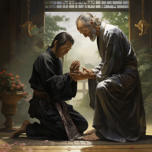 Man kneeling, crying in front of zen master