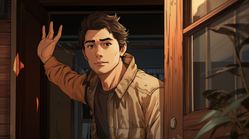 Man in brown jacket knocking on house door