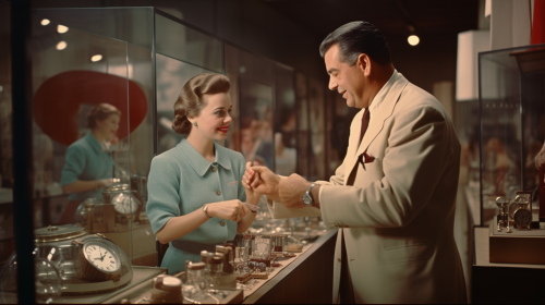 Man placing watch on woman's wrist