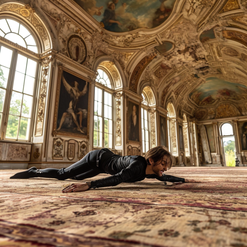 Crawling man on Persian rug